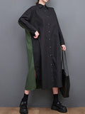 woloong Split-Side Split-Joint Buttoned Asymmetric Loose Long Sleeves Lapel Shirt Dress Midi Dresses