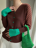 woloong Split-Joint Contrast Color Buttoned Long Sleeves Flared Sleeves V-Neck Cardigan Tops