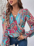 woloong Printed Elasticity Loose Long Sleeves V-neck Blouses&shirts Tops