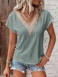 woloong Split-Joint Jacquard Hollow Short Sleeves Raglan Sleeve V-Neck T-Shirts Tops