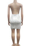 woloong - Apricot Sexy Solid Tassel Sequins Patchwork Spaghetti Strap Sling Dress Dresses