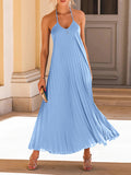 woloong Tied Solid Color Pleated Backless Sleeveless Loose Spaghetti-Neck Maxi Dresses