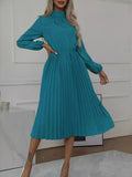 woloong Solid Color Pleated No Belt Hollow Elasticity Buttoned Puff Sleeves Loose High Neck Midi Dresses