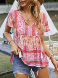 woloong Tied Tasseled Split-Joint Flower Print Buttoned Short Sleeves Loose V-Neck T-Shirts Tops