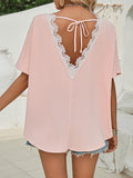 woloong Tied Backless Loose High-Low Round-Neck T-Shirts Tops