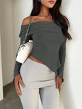 woloong Solid Color Skinny Long Sleeves Off-The-Shoulder T-Shirts