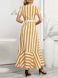 woloong Tied Striped Split-Joint Short Sleeves Loose V-Neck Maxi Dresses