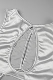 woloong - Silver Sexy Solid Hollowed Out Patchwork Strap Design Reflective O Neck One Step Skirt Dresses
