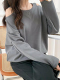 woloong Solid Color Hollow Loose Long Sleeves Round-Neck T-Shirts Tops