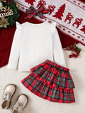 1 Set Girl's 'Merry Christmas' Print Long-Sleeve Ruffle Top + Plaid Print Tiered Skirt - Spring & Fall Sweet Comfy Girls Casual Outfit, As Gift