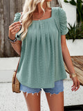 woloong Solid Color Pleated Hollow Short Sleeves Loose Square-Neck T-Shirts Tops