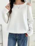 woloong Solid Color Hollow Loose Long Sleeves Round-Neck T-Shirts Tops