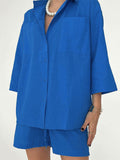 woloong Split-Joint Solid Color High-Waisted Elasticity Drawstring Wide Leg Loose Lapel Two Pieces Set