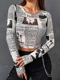 woloong Letter Print Skinny Long Sleeves Round-Neck T-Shirts Tops