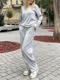 woloong V-Neck Long Sleeves Loose Solid Color Shirt Top + Pants Bottom Pajama Sets