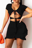 woloong - Black Sexy Casual Solid Hollowed Out Frenulum V Neck Short Sleeve Dress