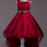 Elegant Princess High-Low Dress for Girls - Beaded Tulle and Lace - Perfect for Weddings, Performances, and Parties