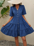 Chic V-Neck Denim Ruffle Dress - Short Sleeve, Tiered Layers & Button Front - Flirty Casual Summer A-Line Midi for Versatile Styling - Perfect for Any Occasion