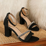 Women's Strappy Ankle Buckle Summer Shoes, Rhinestone Stylish Chunky Heels, Elegant Dress Shoes