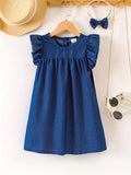 Girls Charming Denim Ruffle Dress with Adorable Button Detail - Flouncy Sleeveless Design for Fun Summer Holidays