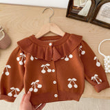 Adorable Cherry Pattern Ruffle Decor Knitted Cardigan - Soft Cotton, Casual Button Down, Toddler & Infant Girl's Fall Winter Sweater - Perfect for Daily Wear, Photoshoots, and Special Occasions