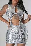woloong - Silver Sexy Solid Hollowed Out Patchwork Strap Design Reflective O Neck One Step Skirt Dresses