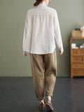 woloong Vintage Long Sleeves Loose Embroidered Lapel Collar Blouses&Shirts Tops