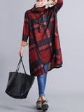 woloong Artistic Retro Loose Long Sleeves Contrast Color Plaid Heaps Collar Midi Dresses