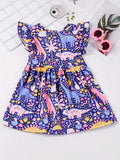 Adorable Girls Stretchy Ruffle Sleeve Dino Print Party Dress - Soft, Breathable, and Comfortable for Summer Holiday - Perfect Gift for Little Ones