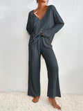 woloong V-Neck Long Sleeves Loose Solid Color Shirt Top + Pants Bottom Pajama Sets