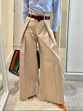 woloong High Waisted Loose Pleated Solid Color Split-Joint Pants Trousers