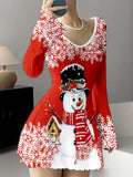 Elegant Polyester Long Sleeve V-Neck Christmas Dress - Fit and Flare Asymmetrical Hem with Snowflake Pattern, Knit Fabric, No Padding Adult Flared Dress