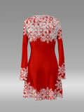 Elegant Polyester Long Sleeve V-Neck Christmas Dress - Fit and Flare Asymmetrical Hem with Snowflake Pattern, Knit Fabric, No Padding Adult Flared Dress