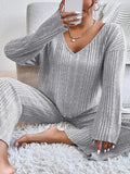 woloong V-Neck Long Sleeves Loose Solid Color Shirt Top + Pants Bottom Pajama Sets