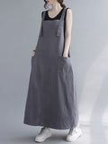 woloong Casual Solid Color With Pocket Suspender Dress