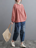 woloong Plaid Ramie Cotton Plus Szie Long Sleeve Shirts