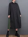 woloong Split-Side Split-Joint Buttoned Asymmetric Loose Long Sleeves Lapel Shirt Dress Midi Dresses