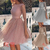 summer  Popular trade new women's dress wish  round neck long sleeve perspective sexy dress