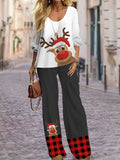 Women's Elegant Christmas Reindeer Print Knit Top & Wide-Leg Pants Set - Crew Neck, Long Sleeve, Stretchy Polyester Blend, Machine Washable - Festive Holiday Outfit