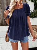 woloong Solid Color Pleated Hollow Short Sleeves Loose Square-Neck T-Shirts Tops