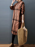 woloong Vintage Solid Long Sleeve Pleats Blouse Shirt Dress