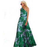 New new women's clothing  Popular trade digital printing leaf splicing off-the-shoulder printing long dress dress