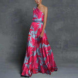 New new women's clothing  Popular trade digital printing leaf splicing off-the-shoulder printing long dress dress