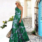 New new women's clothing  Popular trade digital printing leaf splicing off-the-shoulder printing long dress dress