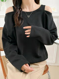 woloong Solid Color Hollow Loose Long Sleeves Round-Neck T-Shirts Tops