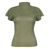 summer new Miyake new simple semi-turtleneck slim T-shirt women's versatile small top women's vest