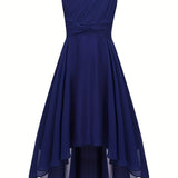 Knee High Elegant One-Shoulder Chiffon Fit and Flare Dress for Girls - Shimmering Rhinestone, Medium Stretch, Sleeveless, Pleated Hem, Solid Color, Hand Wash - Perfect for Junior Bridesmaid, Wedding, Pageant, and Party Occasions
