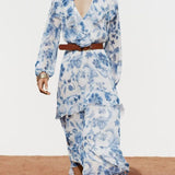woloong Flared Sleeves Loose Flower Print Split-Joint Split-side Deep V-Neck Midi Dresses