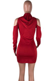 woloong - Red Fashion Casual Letter Print Hollowed Out Hooded Collar Long Sleeve Dresses