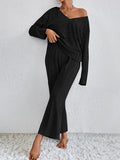 woloong V-Neck Long Sleeves Loose Solid Color Shirt Top + Pants Bottom Pajama Sets